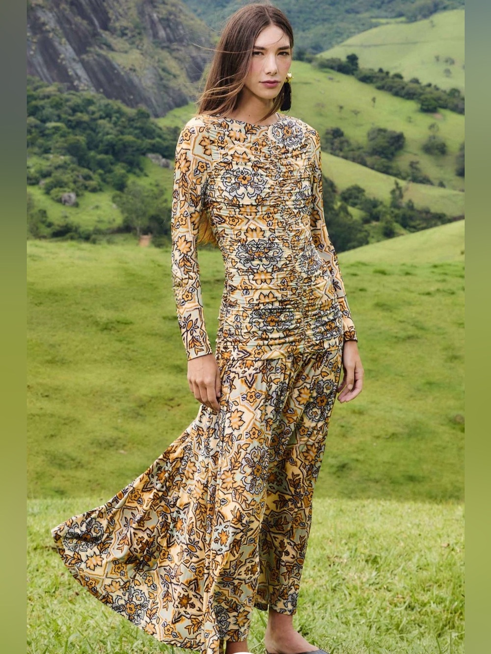 FARM Rio Blue Winter Tapestry Long Sleeve Maxi Dress - size Medium